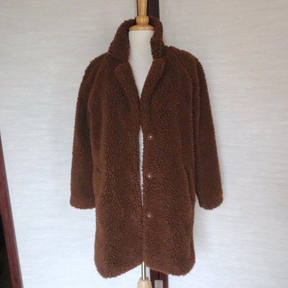 ONLY Chestnut Brown Teddy Sherpa Winter Cocoon Coat with Snap Buttons - Picture 1 of 7